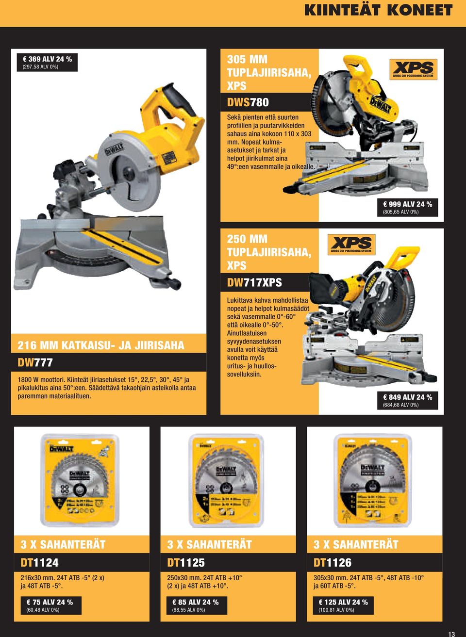 CROSS CUT POSITIONING SYSTEM 999 ALV 24 % (805,65 ALV 0%) 250 MM TUPLAJIIRISAHA, XPS DW717XPS CROSS CUT POSITIONING SYSTEM 216 MM KATKAISU- JA JIIRISAHA DW777 1800 W moottori.