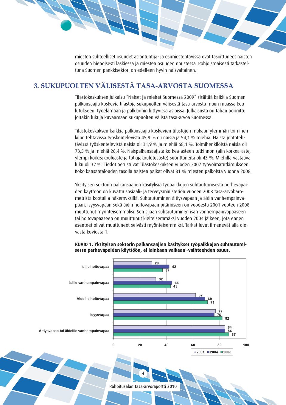 SUKUPUOLTEN VÄLISESTÄ TASA-ARVOSTA SUOMESSA Tilastokeskuksen julkaisu Naiset ja miehet Suomessa 2009 sisältää kaikkia Suomen palkansaajia koskevia tilastoja sukupuolten välisestä tasa-arvosta muun