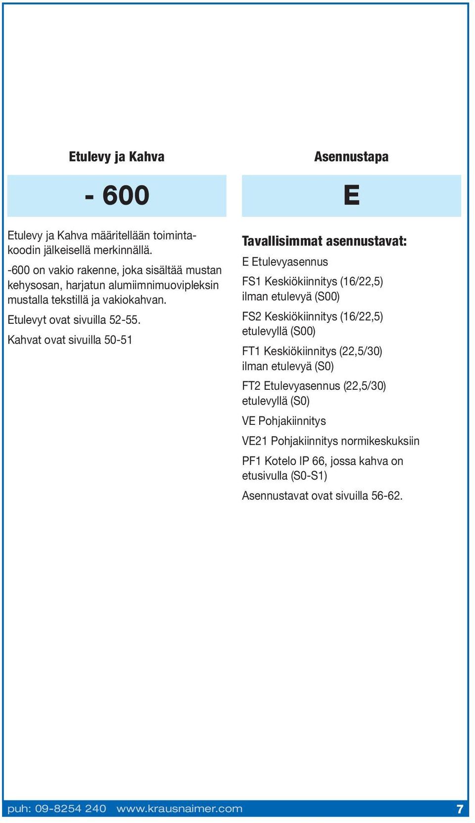 Kahvat ovat sivuilla - Asennustapa E Tavallisimmat asennustavat: E Etulevyasennus FS Keskiökiinnitys (/,) ilman etulevyä (S) FS Keskiökiinnitys (/,)