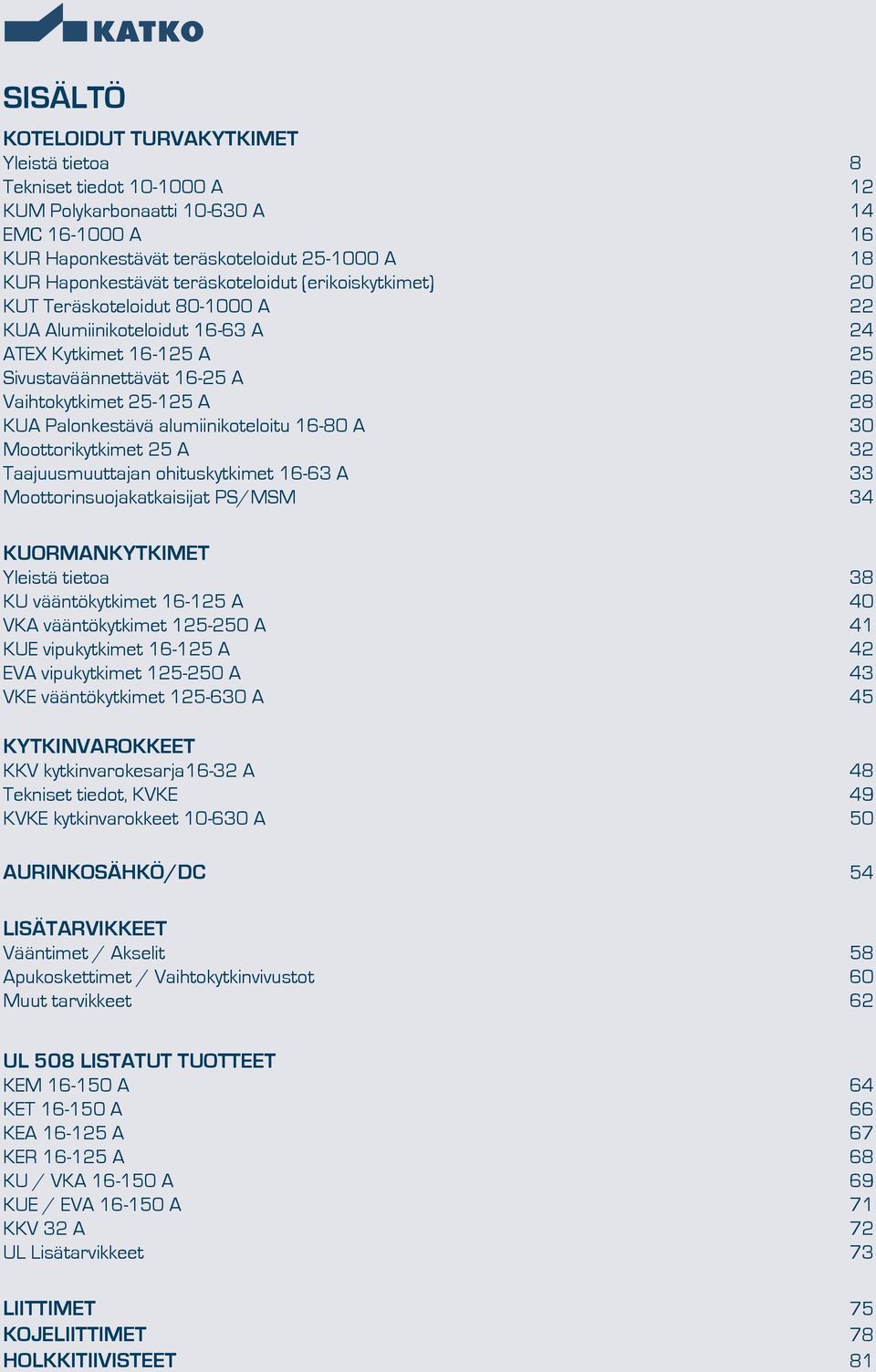 Palonkestävä alumiinikoteloitu 16-80 A 30 Moottorikytkimet 25 A 32 Taajuusmuuttajan ohituskytkimet 16-63 A 33 Moottorinsuojakatkaisijat PS/MSM 34 KUORMANKYTKIMET Yleistä tietoa 38 KU vääntökytkimet