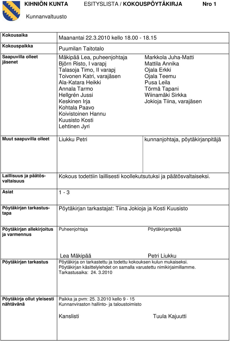 Koivistoinen Hannu Kuusisto Kosti Lehtinen Jyri Markkola Juha-Matti Mattila Annika Ojala Erkki Ojala Teemu Pusa Leila Törmä Tapani Wiinamäki Sirkka Jokioja Tiina, varajäsen Muut saapuvilla olleet