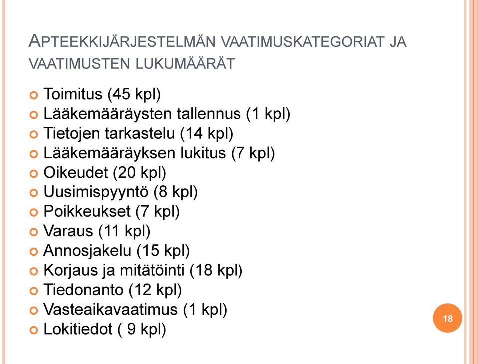 kpl) Oikeudet (20 kpl) Uusimispyyntö (8 kpl) Poikkeukset (7 kpl) Varaus (11 kpl) Annosjakelu