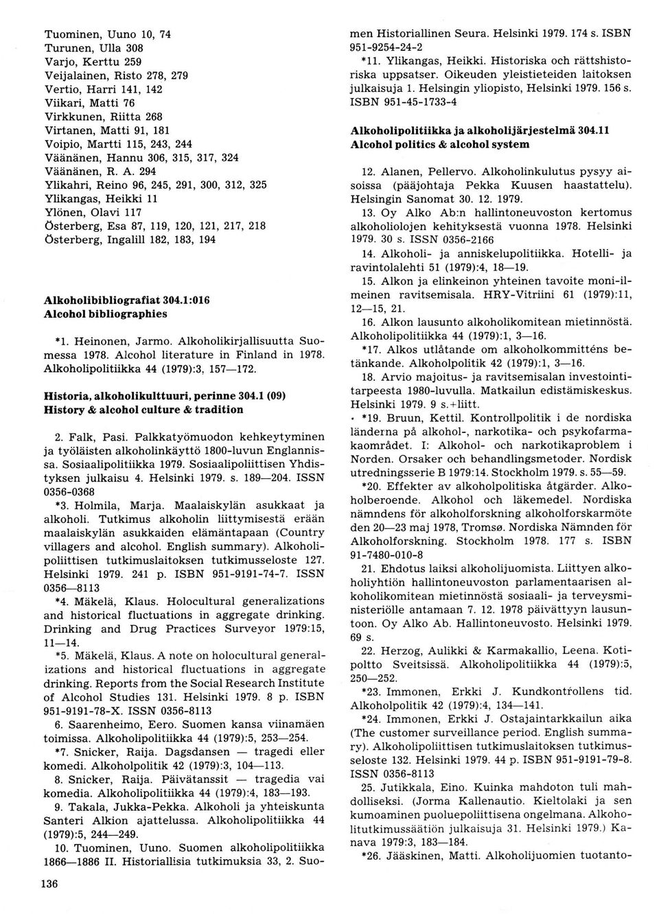 , 119, 120, 121,217,2L8 Österberg, Ingalill 182, 183, 194 Alkoholibibliografiat 304.1 :016 Alcohol bibliographies *1. Heinonen, Jarmo. Alkoholikirjallisuutta Suomessa 19?8. Alcohol literature in Finland in 19?