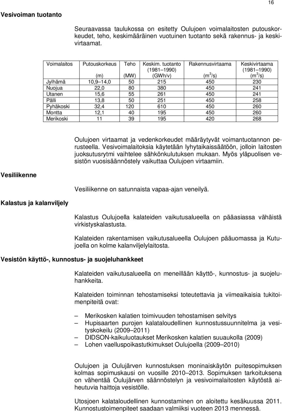 tuotanto (1981 1990) (GWh/v) Rakennusvirtaama Keskivirtaama (1981 1990) (m 3 /s) (m) (MW) (m 3 /s) Jylhämä 10,9 14,0 50 215 450 230 Nuojua 22,0 80 380 450 241 Utanen 15,6 55 261 450 241 Pälli 13,8 50