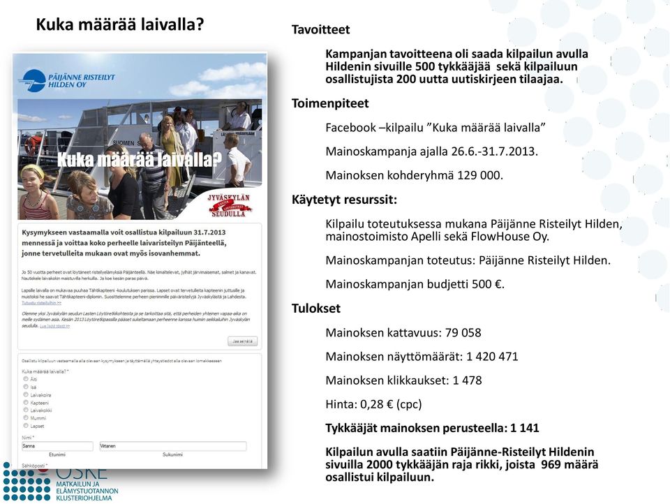 Käytetyt resurssit: Tulokset Kilpailu toteutuksessa mukana Päijänne Risteilyt Hilden, mainostoimisto Apelli sekä FlowHouse Oy. Mainoskampanjan toteutus: Päijänne Risteilyt Hilden.