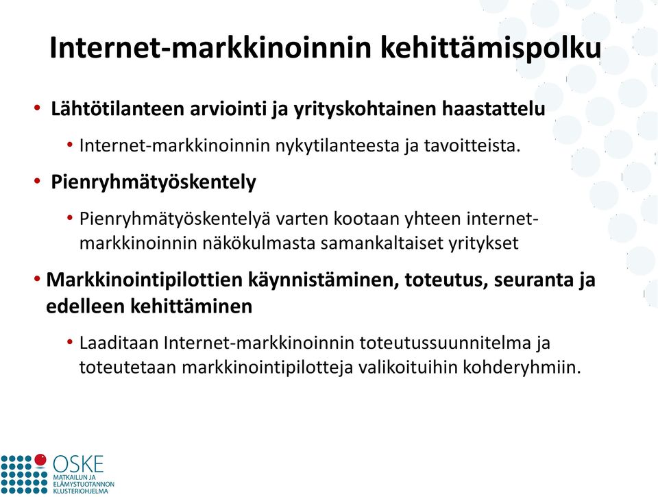 Pienryhmätyöskentely Pienryhmätyöskentelyä varten kootaan yhteen internetmarkkinoinnin näkökulmasta samankaltaiset