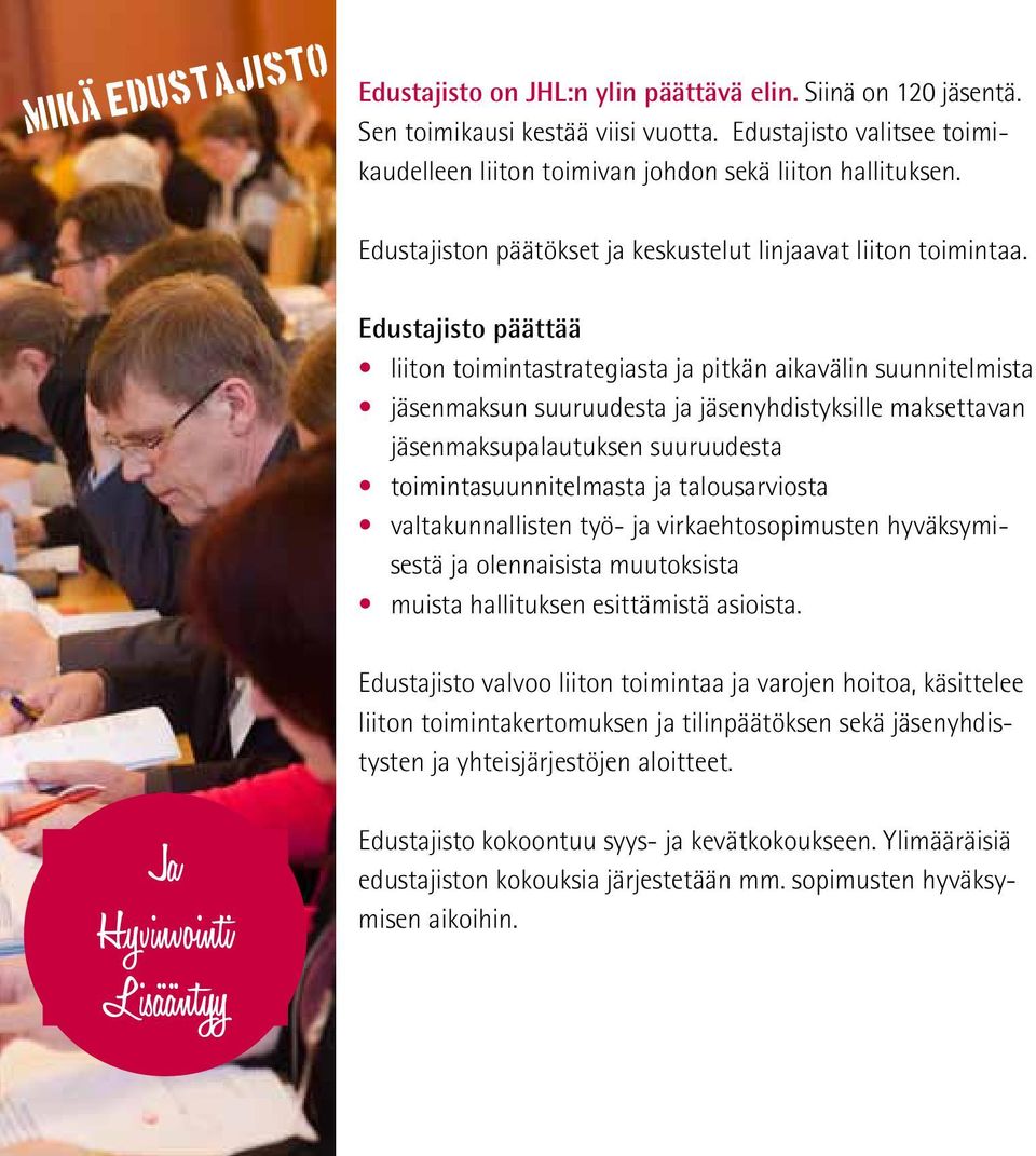 Edustajisto päättää liiton toimintastrategiasta ja pitkän aikavälin suunnitelmista jäsenmaksun suuruudesta ja jäsenyhdistyksille maksettavan jäsenmaksupalautuksen suuruudesta toimintasuunnitelmasta