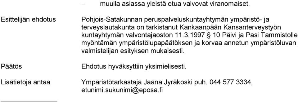Kankaanpään Kansanterveystyön kuntayhtymän valvontajaoston 11.3.