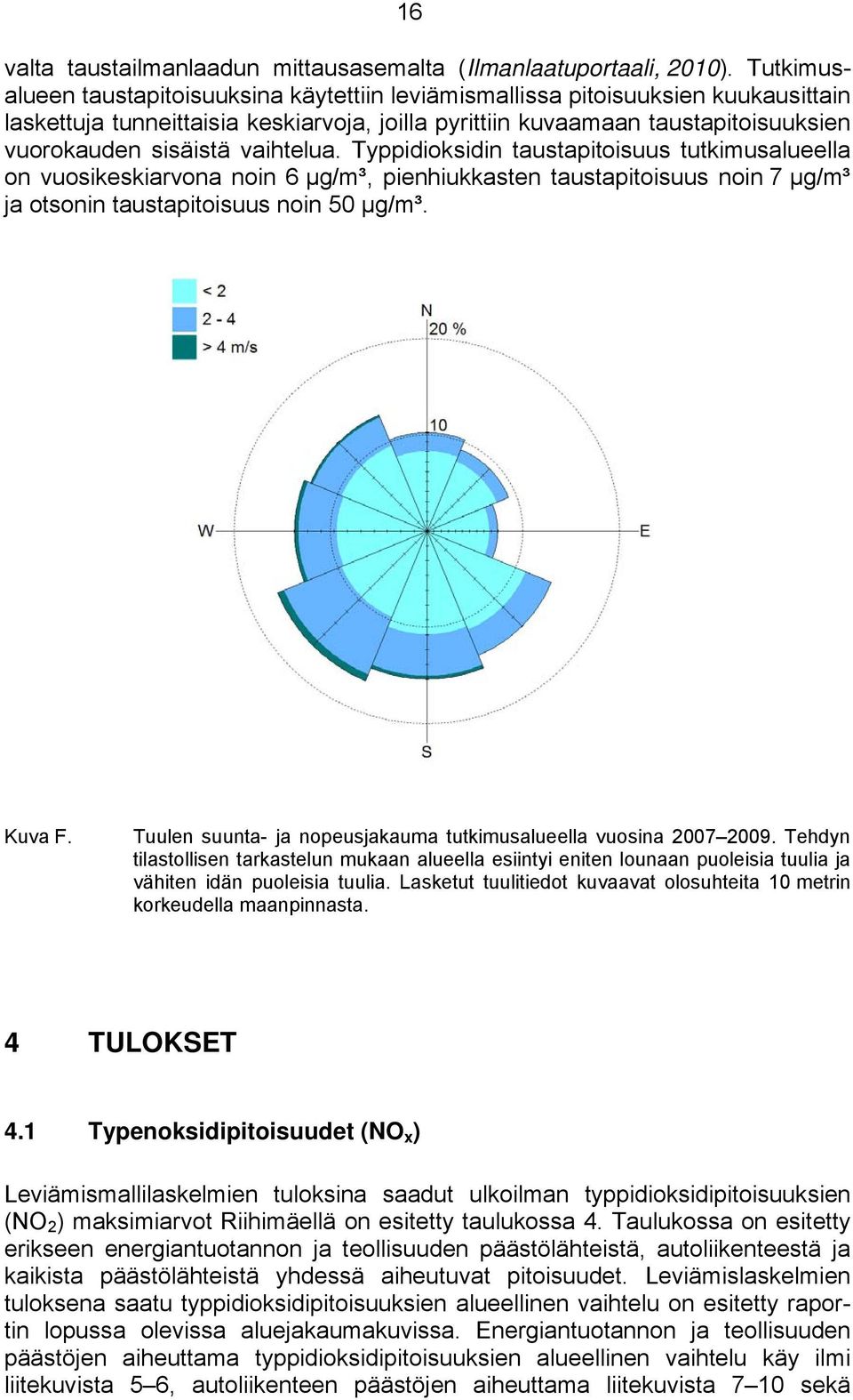 vaihtelua. Typpidioksidin taustapitoisuus tutkimusalueella on vuosikeskiarvona noin 6 µg/m³, pienhiukkasten taustapitoisuus noin 7 µg/m³ ja otsonin taustapitoisuus noin 5 µg/m³. Kuva F.