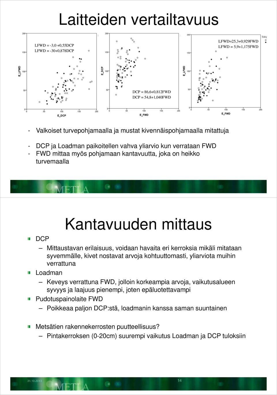 erilaisuus, voidaan havaita eri kerroksia mikäli mitataan syvemmälle, kivet nostavat arvoja kohtuuttomasti, yliarviota muihin verrattuna Loadman Keveys verrattuna FWD, jolloin korkeampia arvoja,