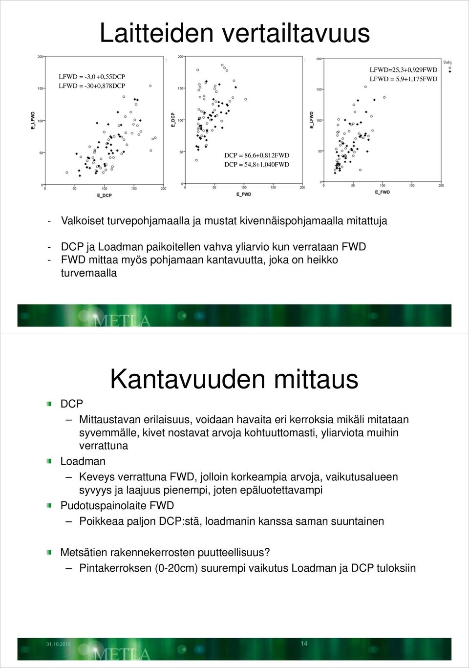 erilaisuus, voidaan havaita eri kerroksia mikäli mitataan syvemmälle, kivet nostavat arvoja kohtuuttomasti, yliarviota muihin verrattuna Loadman Keveys verrattuna FWD, jolloin korkeampia arvoja,