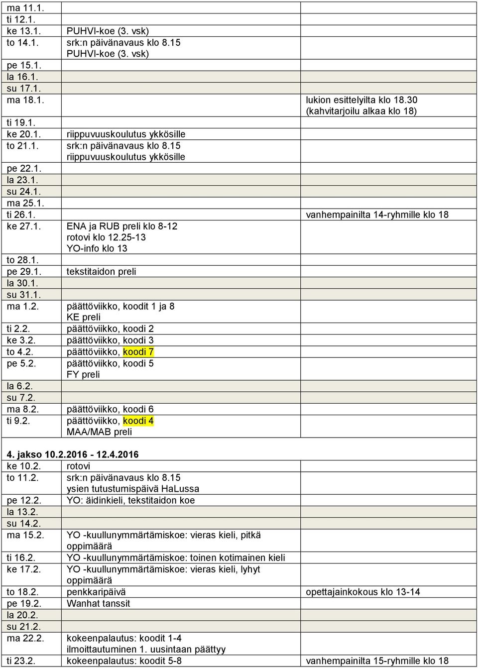 1. ENA ja RUB preli klo 8-12 rotovi klo 12.25-13 YO-info klo 13 to 28.1. pe 29.1. tekstitaidon preli la 30.1. su 31.1. ma 1.2. päättöviikko, koodit 1 ja 8 KE preli ti 2.2. päättöviikko, koodi 2 ke 3.