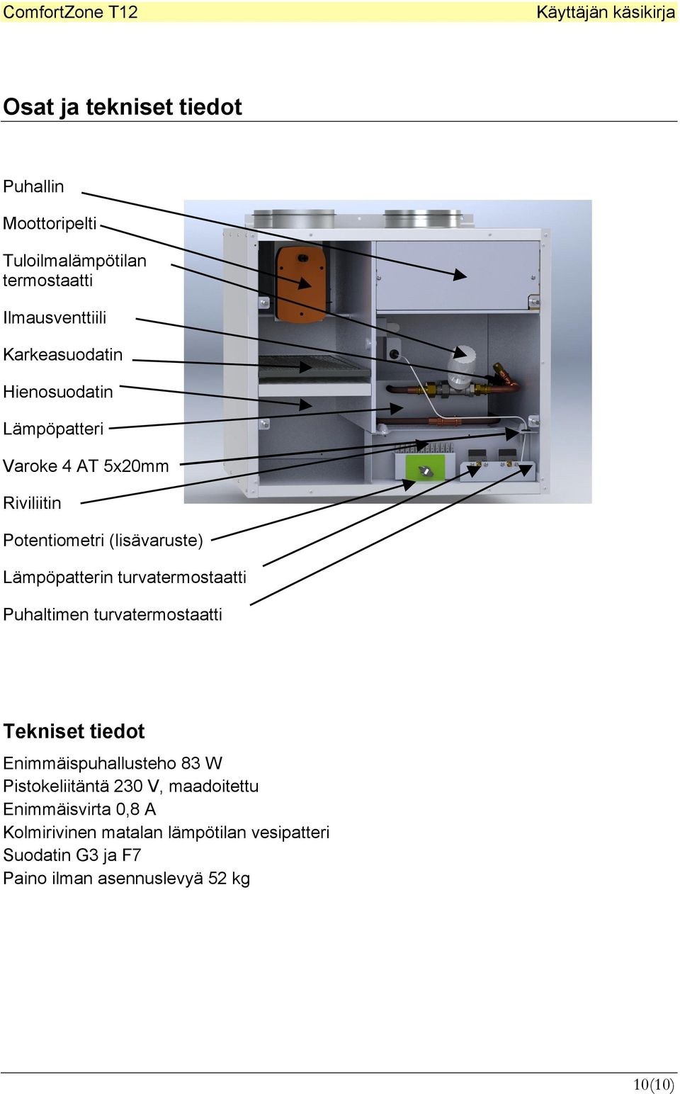 turvatermostaatti Puhaltimen turvatermostaatti Tekniset tiedot Enimmäispuhallusteho 83 W Pistokeliitäntä 230 V,