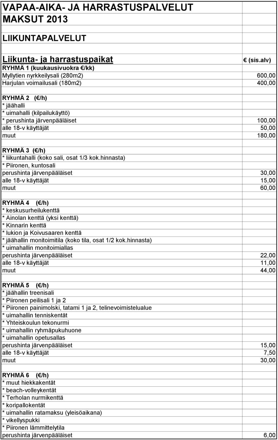alle 18-v käyttäjät 50,00 muut 180,00 RYHMÄ 3 ( /h) * liikuntahalli (koko sali, osat 1/3 kok.