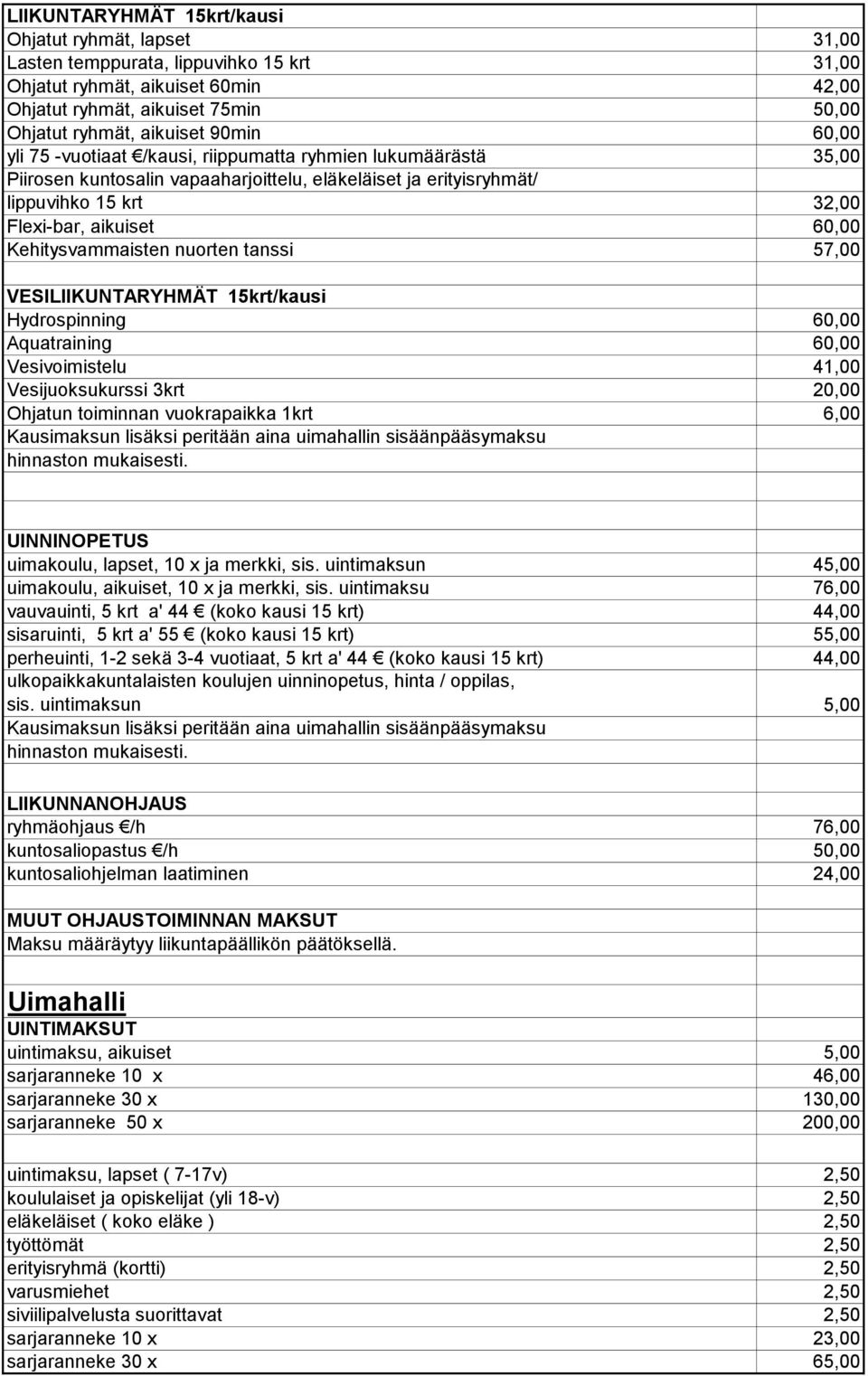 Kehitysvammaisten nuorten tanssi 57,00 VESILIIKUNTARYHMÄT 15krt/kausi Hydrospinning 60,00 Aquatraining 60,00 Vesivoimistelu 41,00 Vesijuoksukurssi 3krt 20,00 Ohjatun toiminnan vuokrapaikka 1krt 6,00
