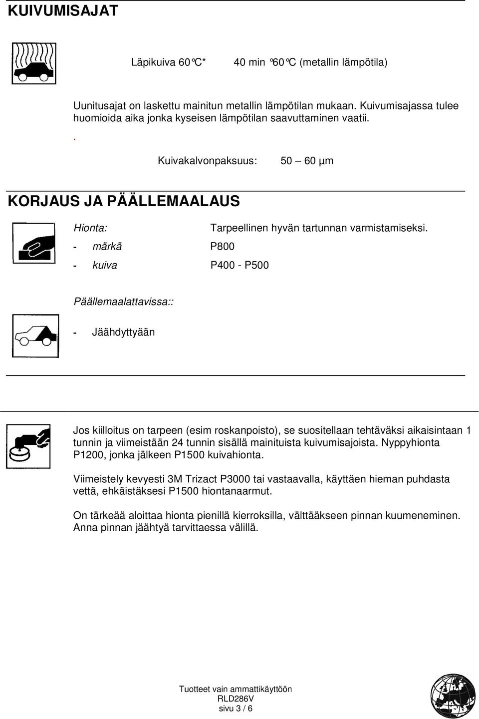 - märkä P800 - kuiva P400 - P500 Päällemaalattavissa:: - Jäähdyttyään Jos kiilloitus on tarpeen (esim roskanpoisto), se suositellaan tehtäväksi aikaisintaan 1 tunnin ja viimeistään 24 tunnin sisällä