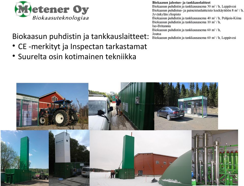 koekäyttöön 8 m3 / h, Jyväskylän yliopisto Biokaasun puhdistin ja tankkausasema 40 m3 / h, Pohjois-Kiina Biokaasun puhdistin ja