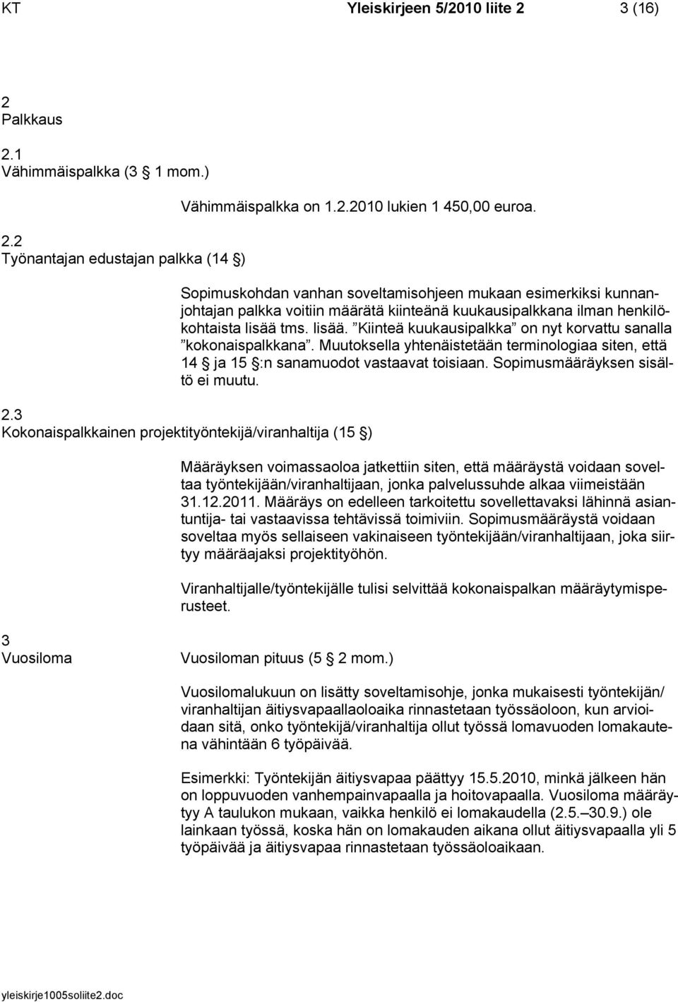 tms. lisää. Kiinteä kuukausipalkka on nyt korvattu sanalla kokonaispalkkana. Muutoksella yhtenäistetään terminologiaa siten, että 14 ja 15 :n sanamuodot vastaavat toisiaan.