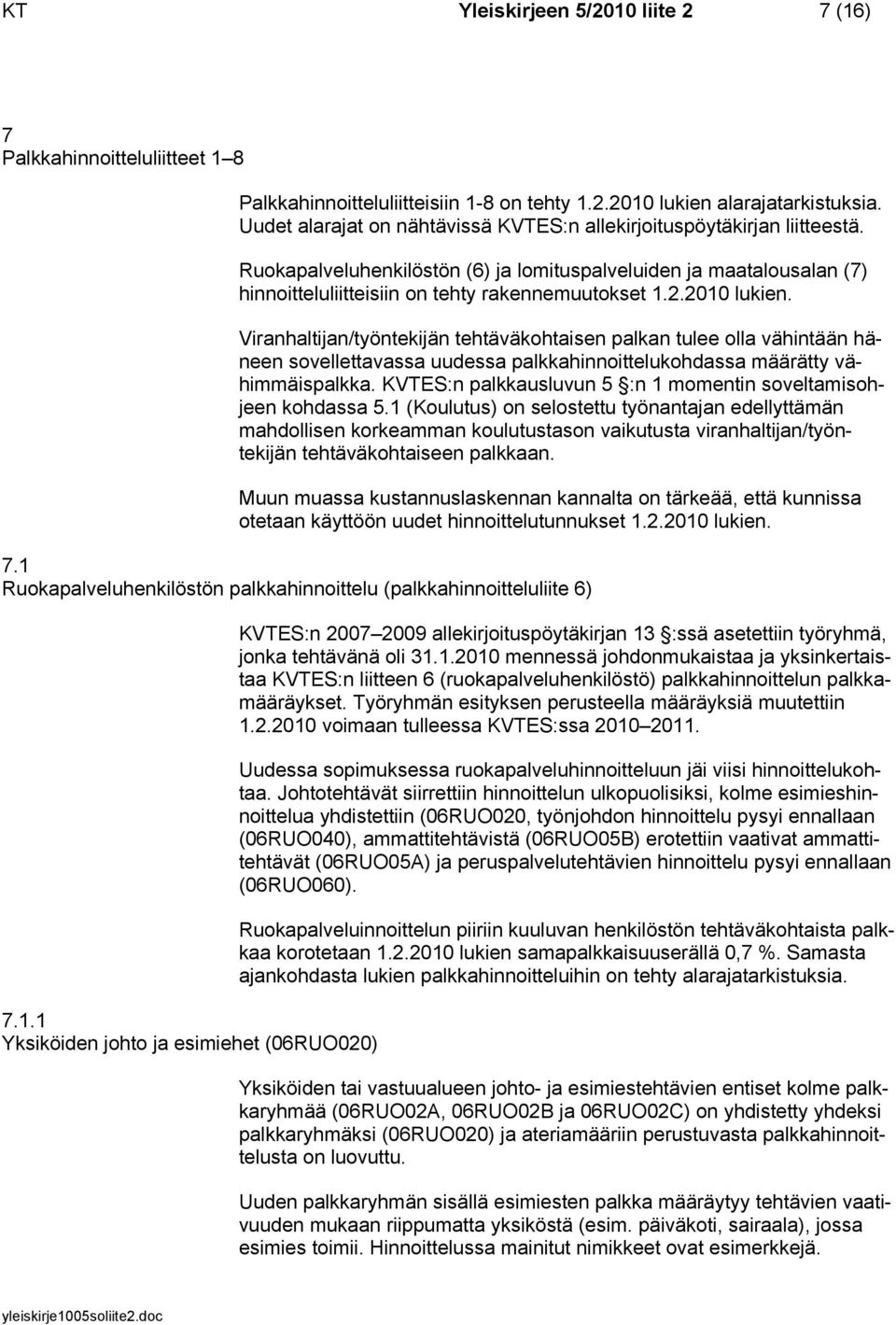 2010 lukien. Viranhaltijan/työntekijän tehtäväkohtaisen palkan tulee olla vähintään häneen sovellettavassa uudessa palkkahinnoittelukohdassa määrätty vähimmäispalkka.