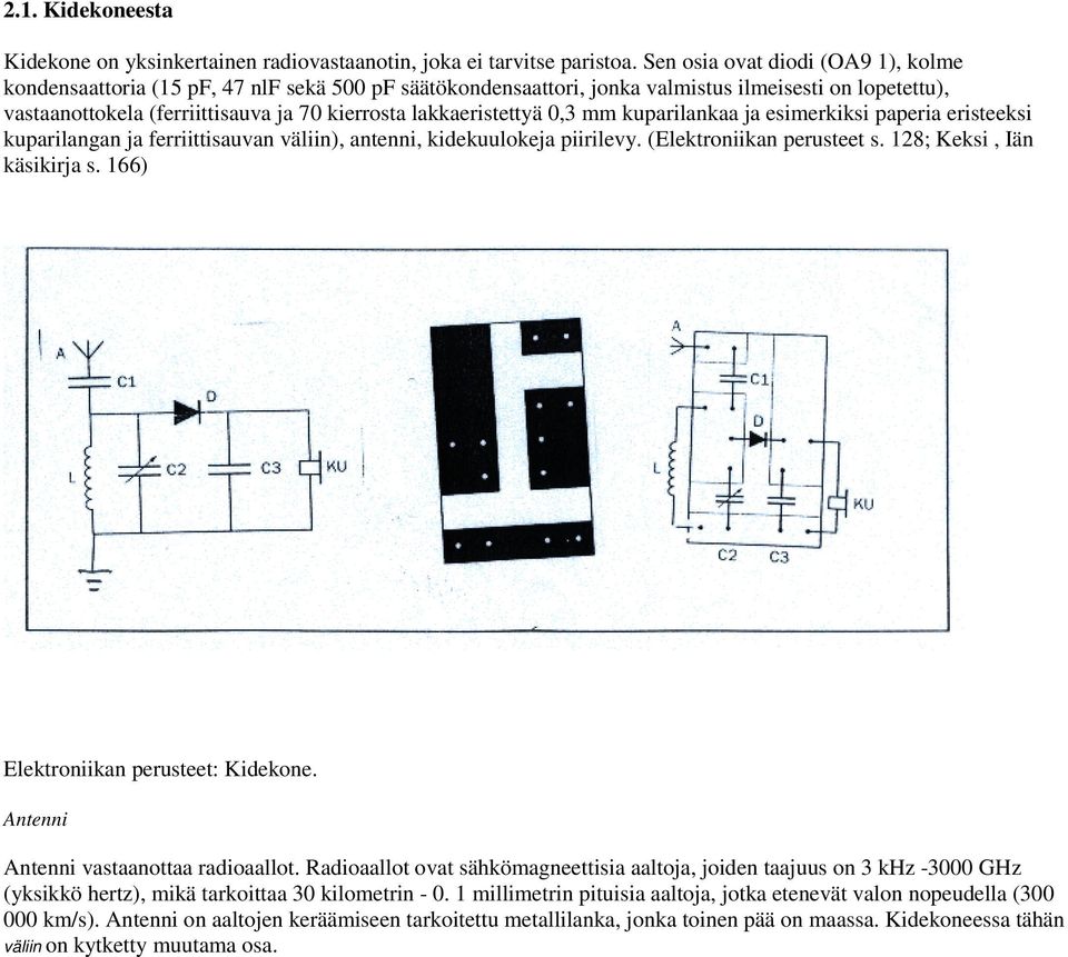 lakkaeristettyä 0,3 mm kuparilankaa ja esimerkiksi paperia eristeeksi kuparilangan ja ferriittisauvan väliin), antenni, kidekuulokeja piirilevy. (Elektroniikan perusteet s.