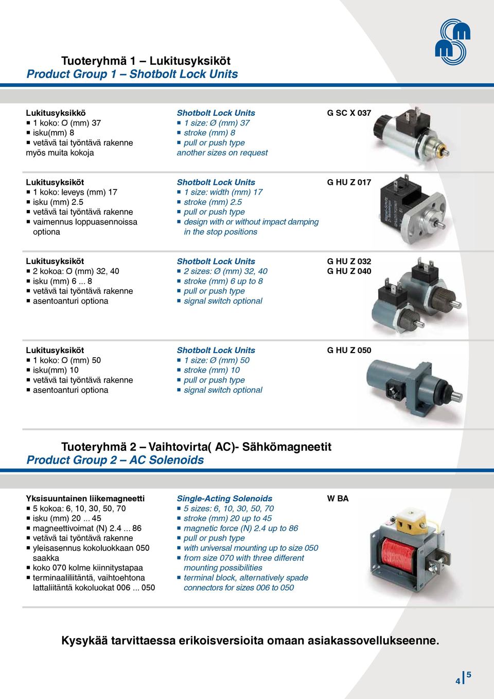 5 design with or without impact damping in the stop positions G HU Z 017 Lukitusyksiköt 2 kokoa: Ø (mm) 32, 40 isku (mm) 6.