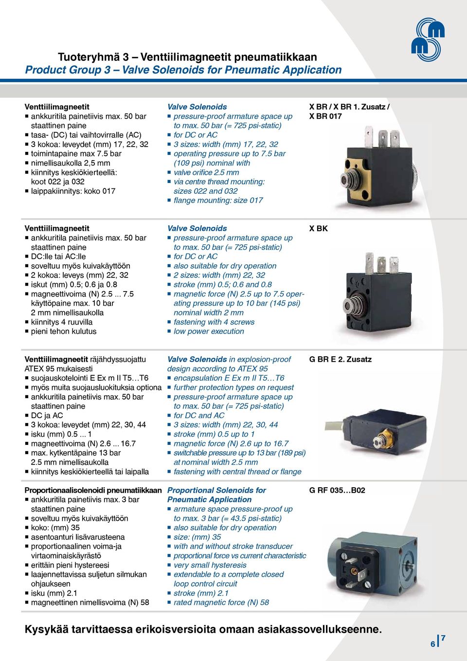 5 bar nimellisaukolla 2,5 mm kiinnitys keskiökierteellä: koot 022 ja 032 laippakiinnitys: koko 017 Valve Solenoids pressure-proof armature space up to max.