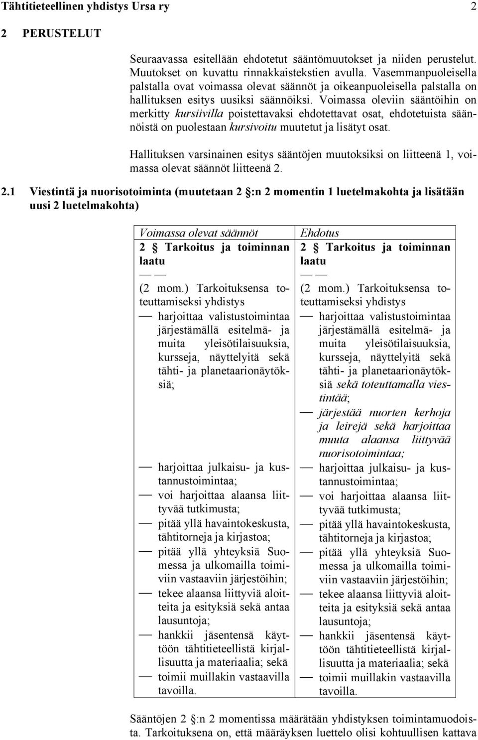 Voimassa oleviin sääntöihin on merkitty kursiivilla poistettavaksi ehdotettavat osat, ehdotetuista säännöistä on puolestaan kursivoitu muutetut ja lisätyt osat.