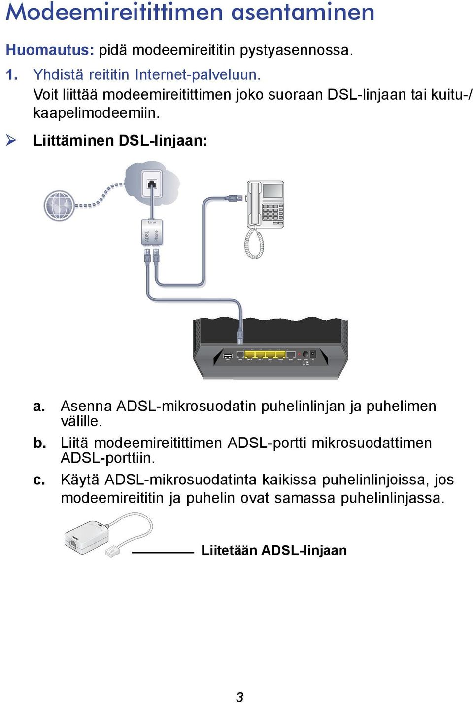 Asenna ADSL-mikrosuodatin puhelinlinjan ja puhelimen välille. b.