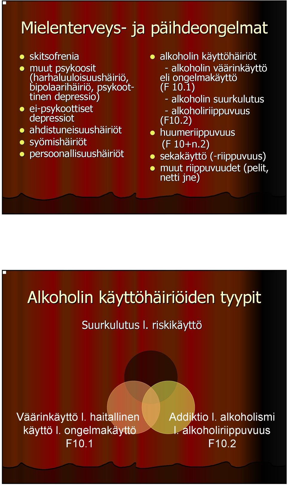 1) - alkoholin suurkulutus - alkoholiriiuvuus (F10.2) huumeriiuvuus (F 10+n.