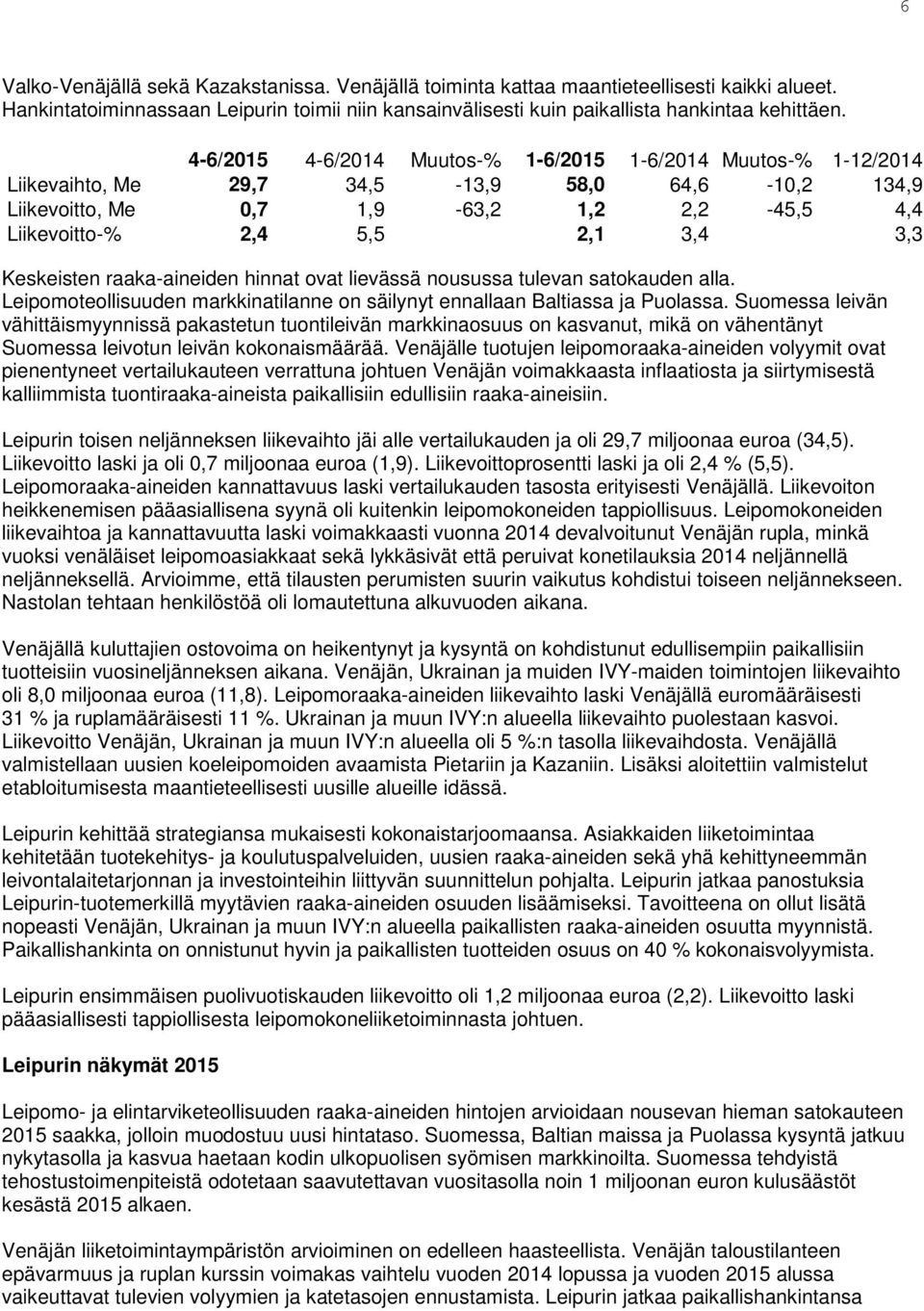 Keskeisten raaka-aineiden hinnat ovat lievässä nousussa tulevan satokauden alla. Leipomoteollisuuden markkinatilanne on säilynyt ennallaan Baltiassa ja Puolassa.