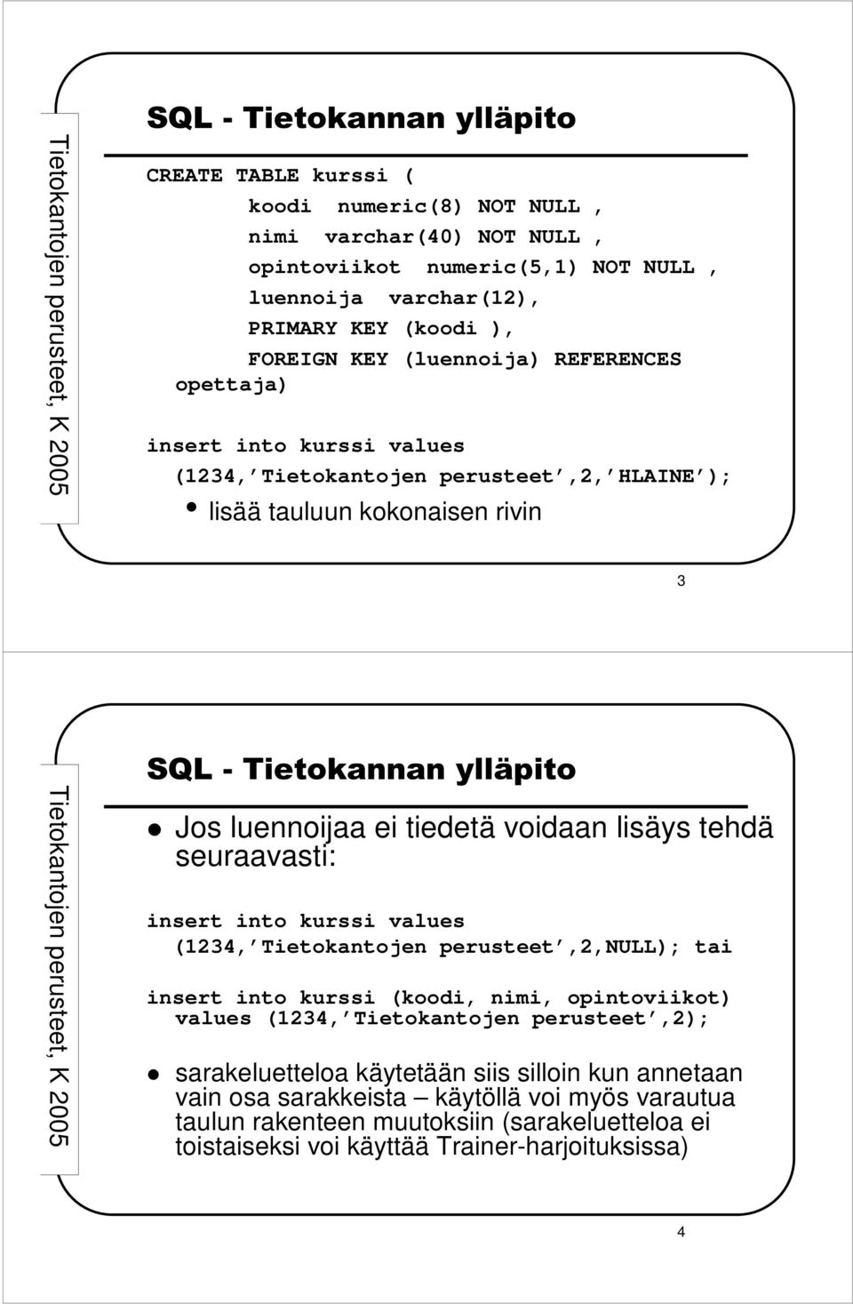 seuraavasti: insert into kurssi values (1234, Tietokantojen perusteet,2,null); tai insert into kurssi (koodi, nimi, opintoviikot) values (1234, Tietokantojen perusteet,2);