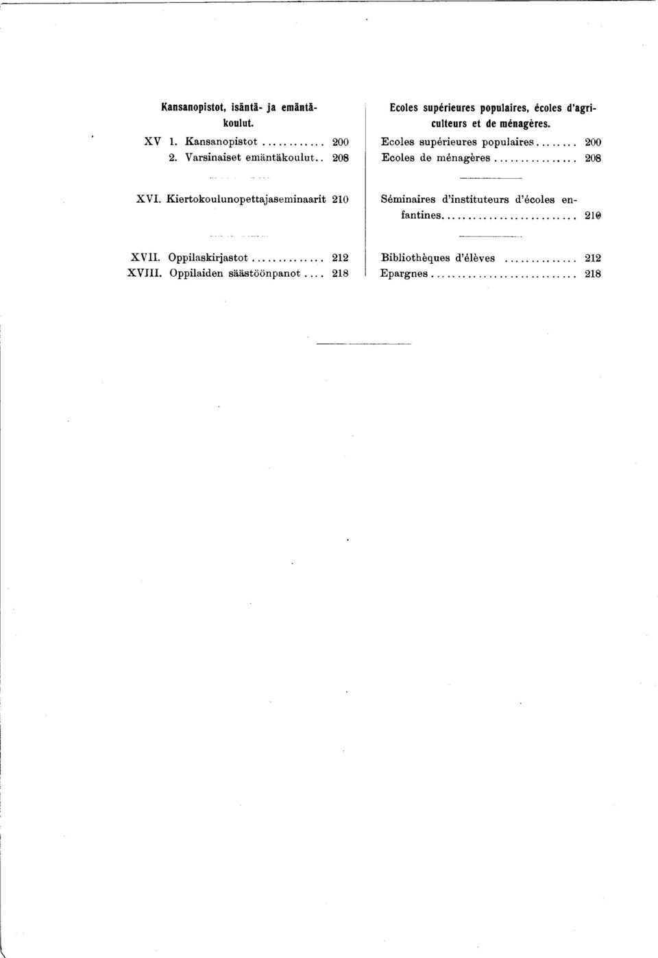 .. 208 XVI. Kertokoulunopettajasem naart 20 Sémnares d nsttuteurs d écoles enfantnes... 2 XVII.