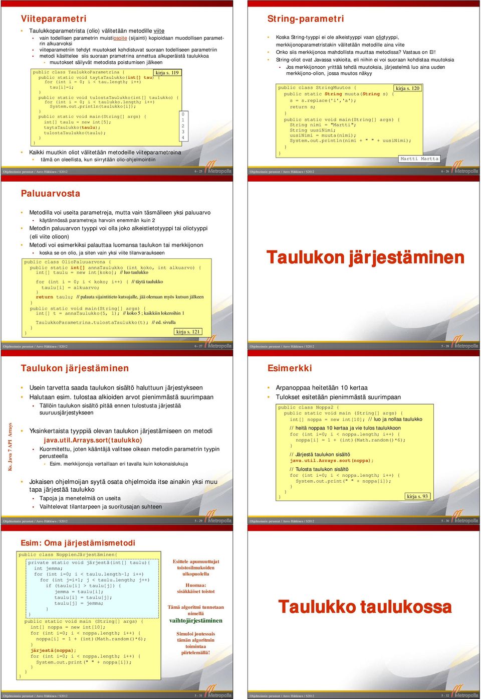 TaulukkoParametrina { kirja s. 9 public static void taytataulukko(int[] tau) { for (int i = ; i < tau.