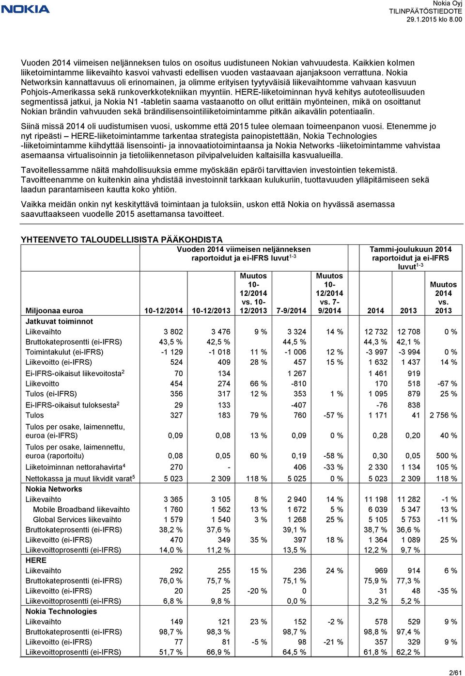 HERE-liiketoiminnan hyvä kehitys autoteollisuuden segmentissä jatkui, ja Nokia N1 -tabletin saama vastaanotto on ollut erittäin myönteinen, mikä on osoittanut Nokian brändin vahvuuden sekä