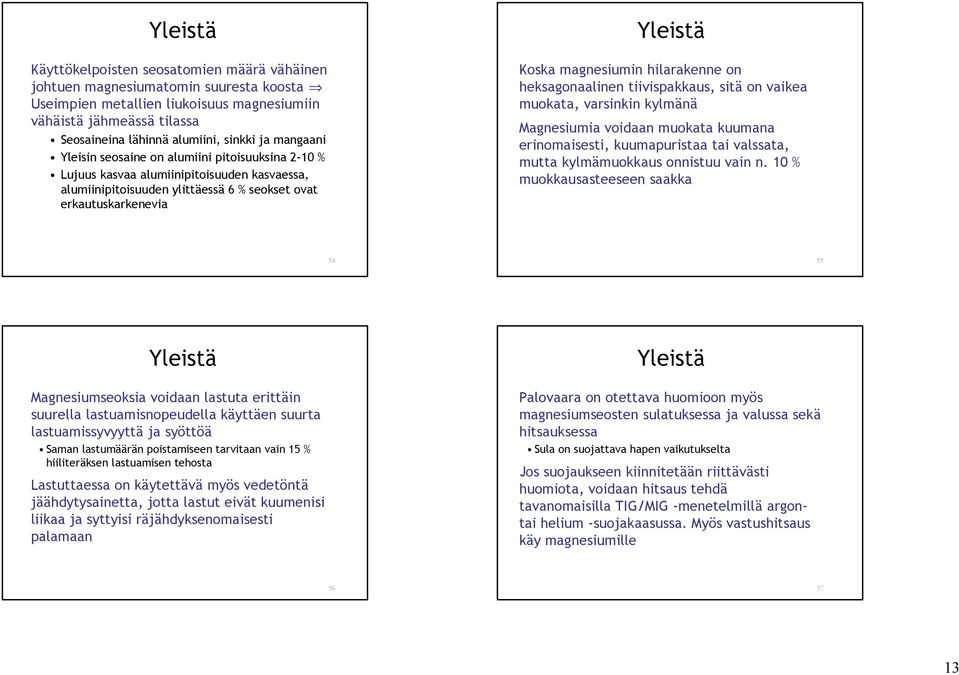 hilarakenne on heksagonaalinen tiivispakkaus, sitä on vaikea muokata, varsinkin kylmänä Magnesiumia voidaan muokata kuumana erinomaisesti, kuumapuristaa tai valssata, mutta kylmämuokkaus onnistuu