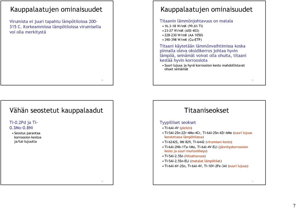 6% Ti) 23-27 W/mK (AISI 403) 228-230 W/mK (AA 1050) 390-398 W/mK (Cu-ETP) Titaani käytetään lämmönvaihtimissa koska pinnalla oleva oksidikerros johtaa hyvin lämpöä, seinämät voivat olla ohuita,