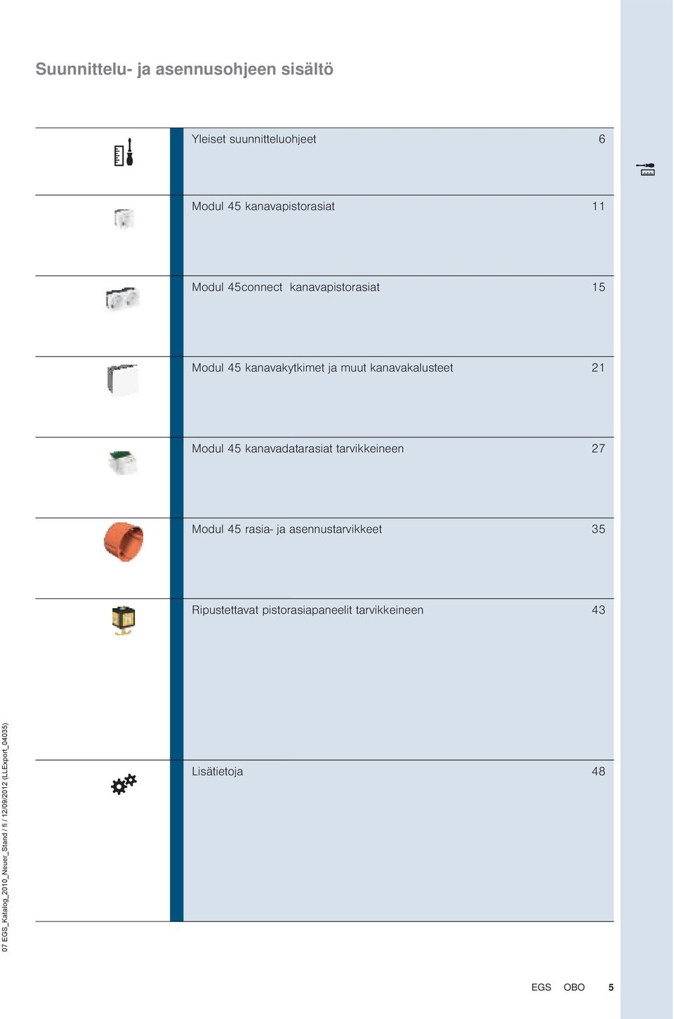 muut kanavakalusteet 21 Modul 45 kanavadatarasiat tarvikkeineen 27 Modul 45 rasia- ja