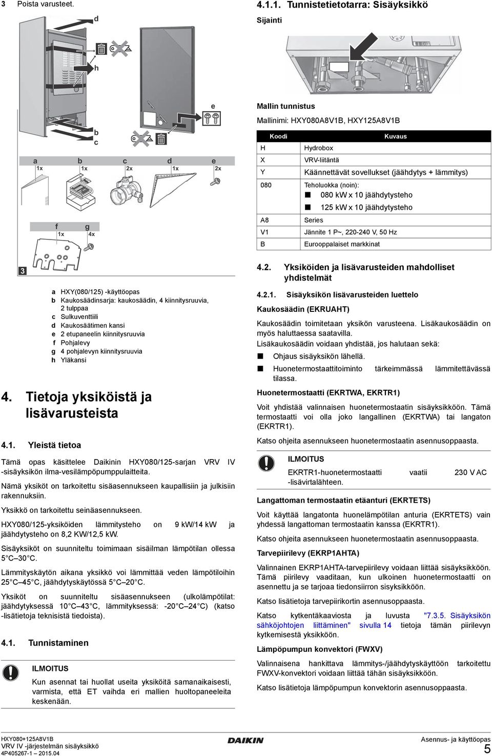 x jäähytysteho kw x jäähytysteho A8 Series V Jännite P~, - V, Hz B Eurooppliset mrkkint Kuvus H Yksiköien lisävrusteien mholliset yhistelmät Sisäyksikön lisävrusteien luettelo Kukosääin (EKRUAHT)