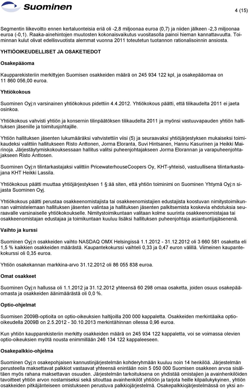 YHTIÖOIKEUDELLISET JA OSAKETIEDOT Osakepääoma Kaupparekisteriin merkittyjen Suomisen osakkeiden määrä on 245 934 122 kpl, ja osakepääomaa on 11 860 056,00 euroa.