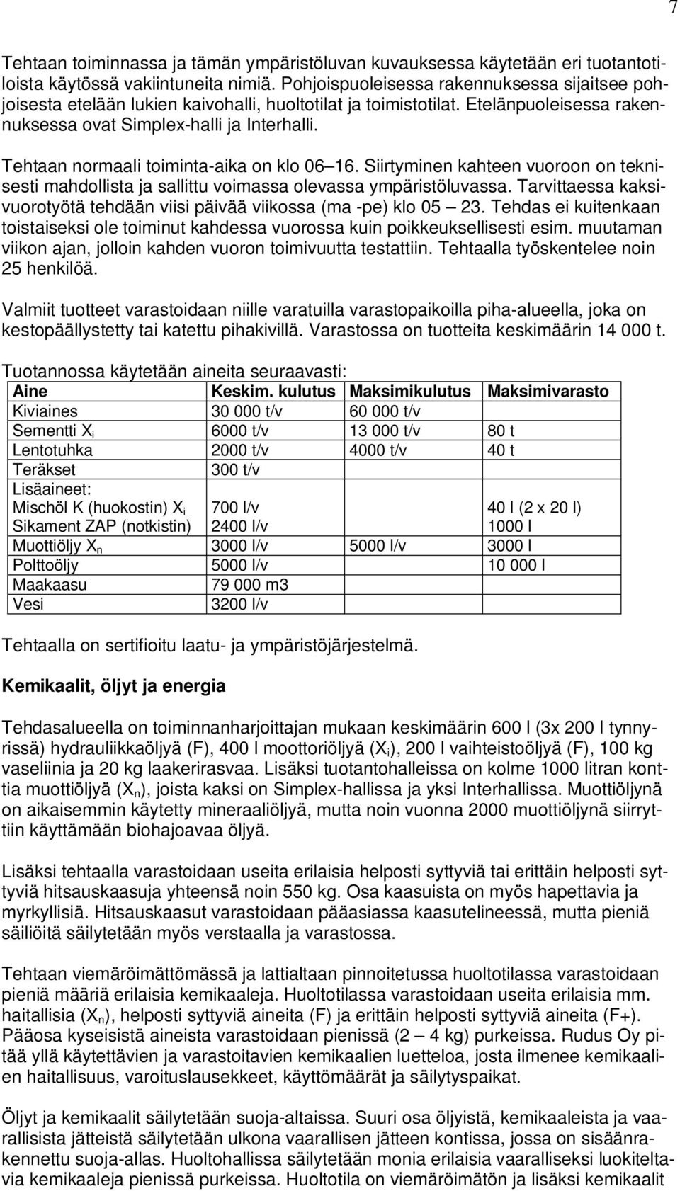 Tehtaan normaali toiminta-aika on klo 06 16. Siirtyminen kahteen vuoroon on teknisesti mahdollista ja sallittu voimassa olevassa ympäristöluvassa.