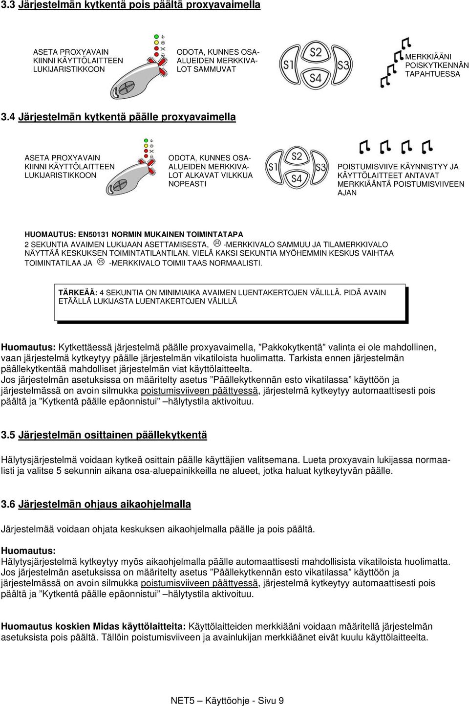 KÄYTTÖLAITTEET ANTAVAT MERKKIÄÄNTÄ POISTUMISVIIVEEN AJAN HUOMAUTUS: EN50131 NORMIN MUKAINEN TOIMINTATAPA 2 SEKUNTIA AVAIMEN LUKIJAAN ASETTAMISESTA, -MERKKIVALO SAMMUU JA TILAMERKKIVALO NÄYTTÄÄ