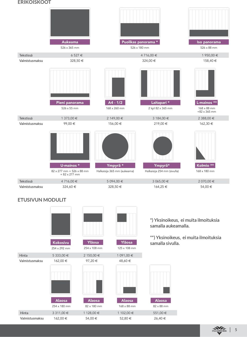 U-mainos * Ympyrä * Ympyrä* Kolmio ** 82 x 277 mm + 526 x 88 mm + 82 x 277 mm Halkaisija 365 mm (aukeama) Halkaisija 254 mm (sivulla) 168 x 180 mm Tekstissä 4 716,00 e 5 094,00 e 3 065,00 e 2 070,00