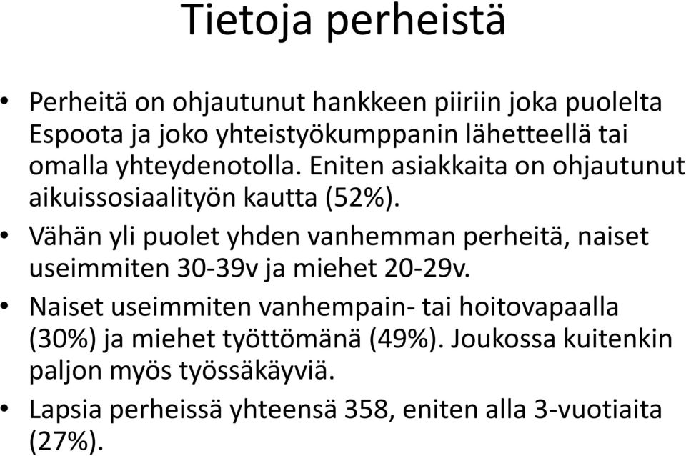 Vähän yli puolet yhden vanhemman perheitä, naiset useimmiten 30-39v ja miehet 20-29v.