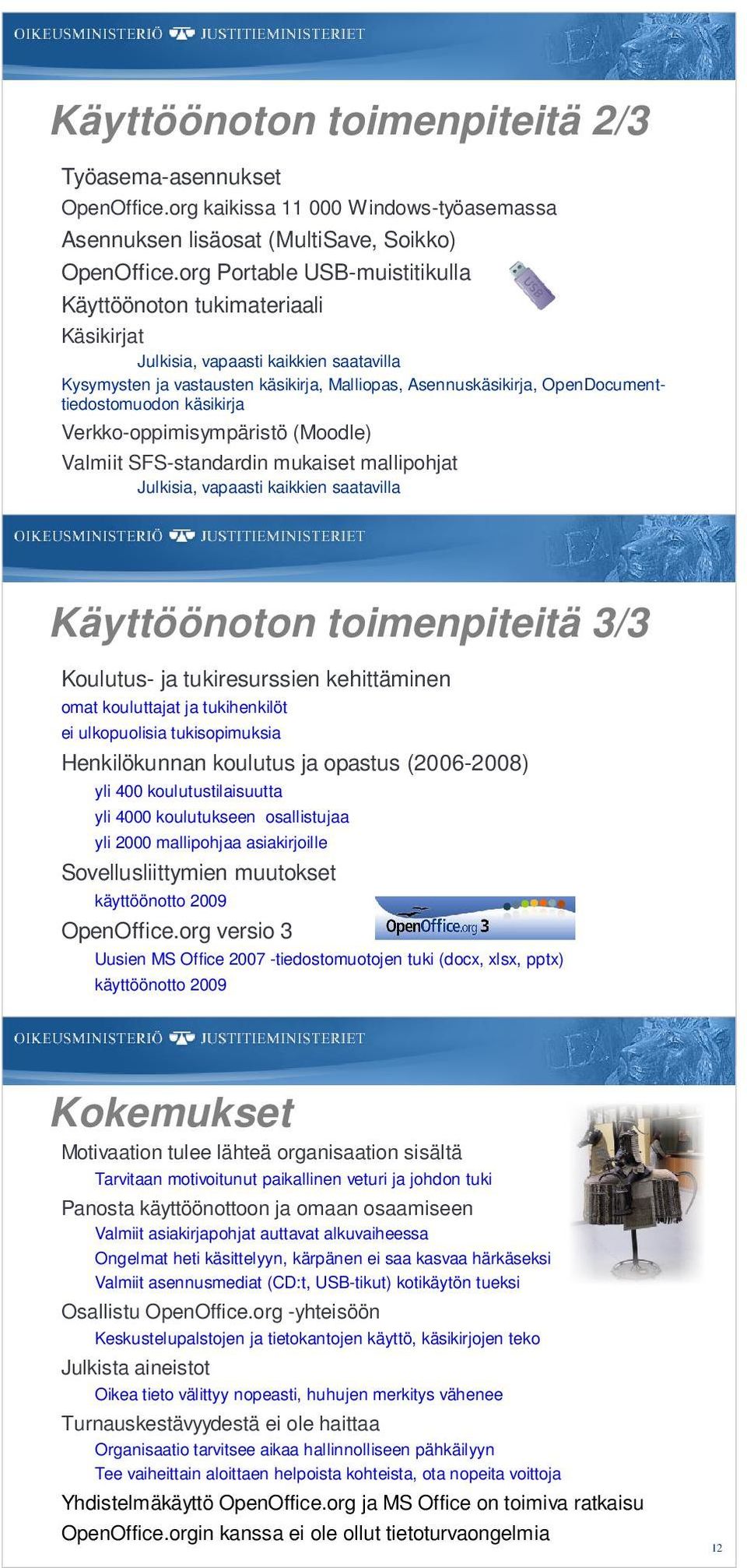 OpenDocumenttiedostomuodon käsikirja Verkko-oppimisympäristö (Moodle) Valmiit SFS-standardin mukaiset mallipohjat Julkisia, vapaasti kaikkien saatavilla 10 Käyttöönoton toimenpiteitä 3/3 Koulutus- ja