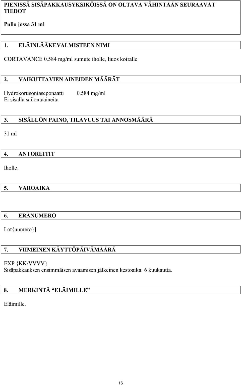 584 mg/ml 3. SISÄLLÖN PAINO, TILAVUUS TAI ANNOSMÄÄRÄ 31 ml 4. ANTOREITIT Iholle. 5. VAROAIKA 6. ERÄNUMERO Lot{numero}] 7.