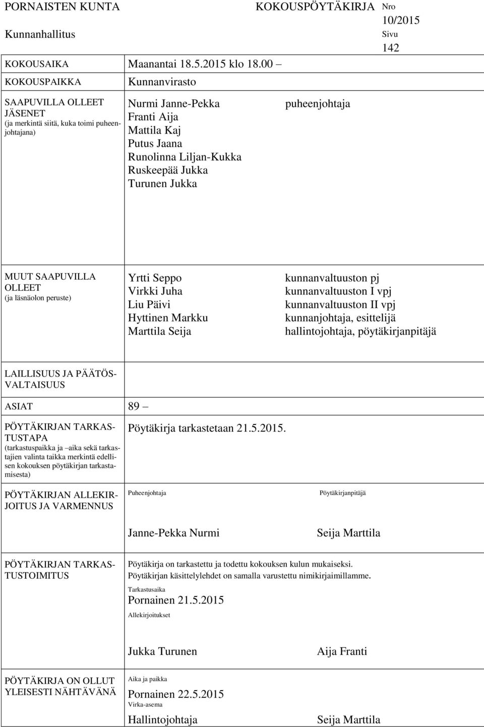 Turunen Jukka KOKOUSPÖYTÄKIRJA Nro 10/2015 puheenjohtaja Sivu 142 MUUT SAAPUVILLA OLLEET (ja läsnäolon peruste) Yrtti Seppo Virkki Juha Liu Päivi Hyttinen Markku Marttila Seija kunnanvaltuuston pj