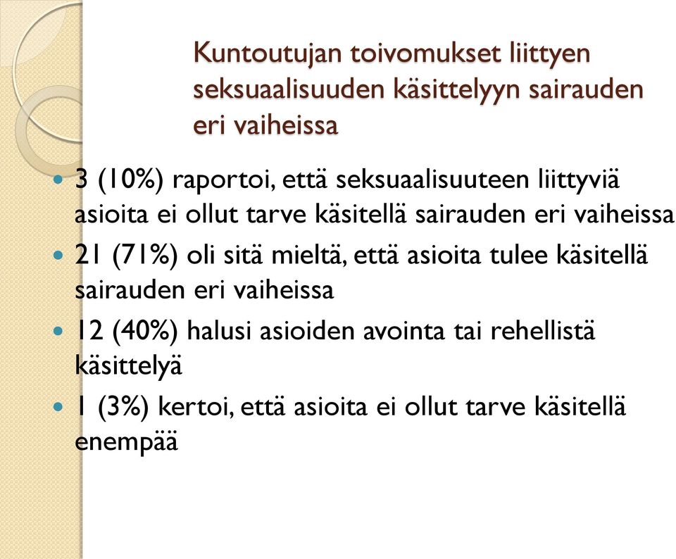 vaiheissa 21 (71%) oli sitä mieltä, että asioita tulee käsitellä sairauden eri vaiheissa 12 (40%)