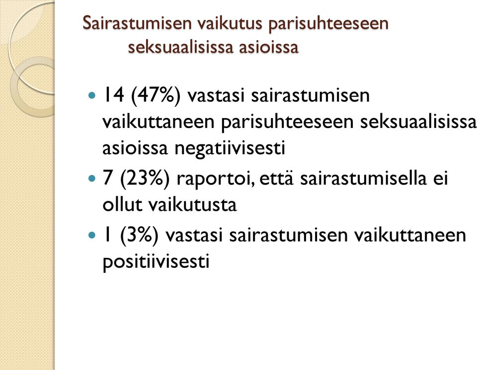 seksuaalisissa asioissa negatiivisesti 7 (23%) raportoi, että