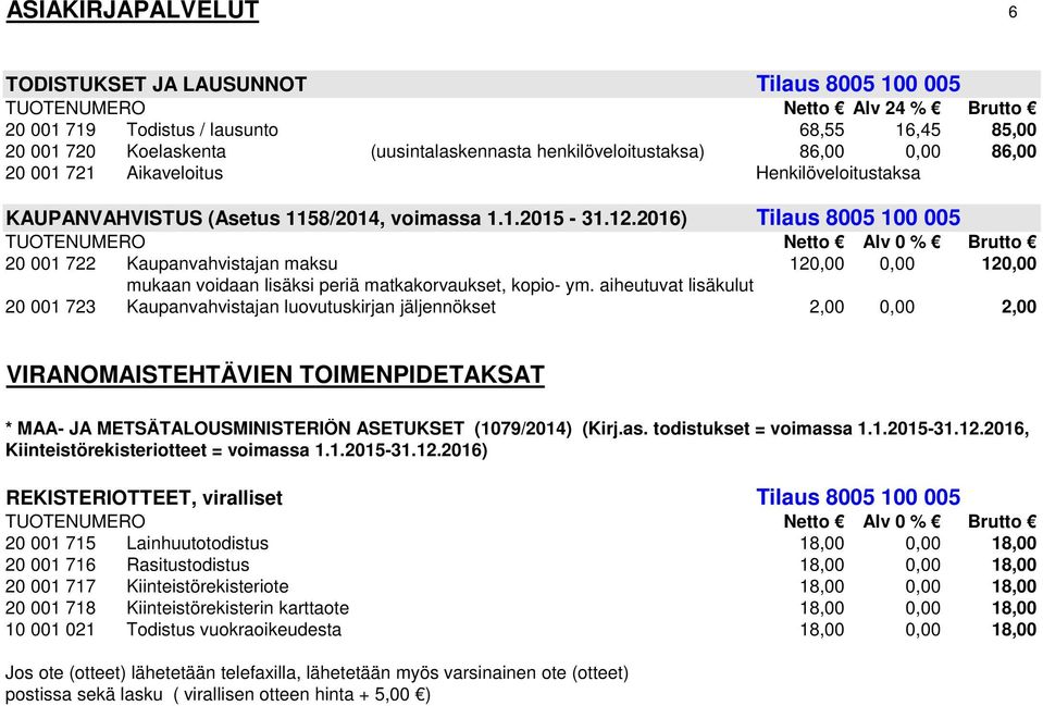 2016) Tilaus 8005 100 005 20 001 722 Kaupanvahvistajan maksu 120,00 0,00 120,00 mukaan voidaan lisäksi periä matkakorvaukset, kopio- ym.