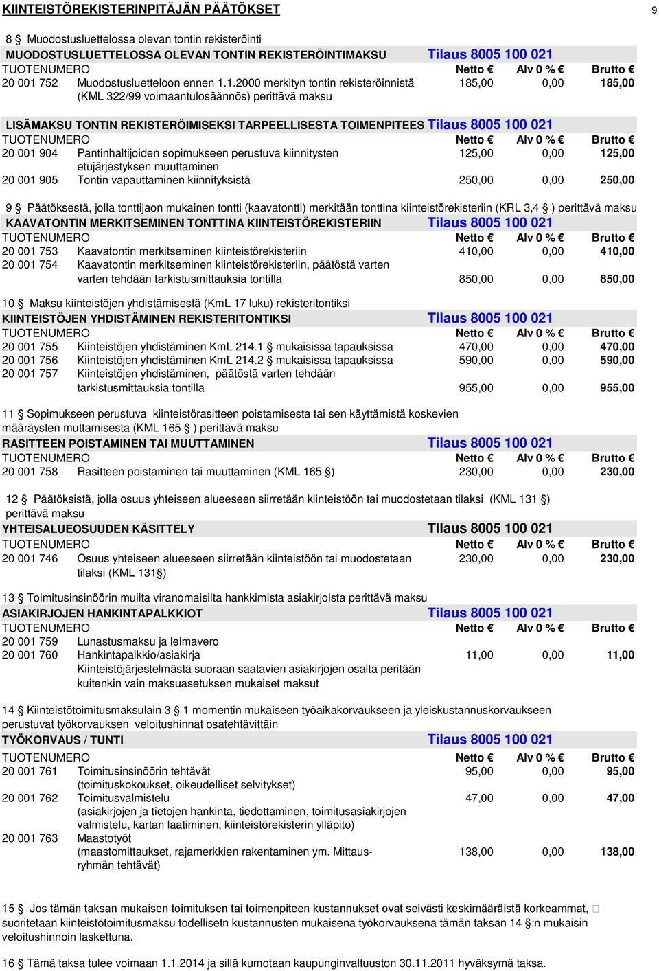 1.2000 merkityn tontin rekisteröinnistä 185,00 0,00 185,00 (KML 322/99 voimaantulosäännös) perittävä maksu LISÄMAKSU TONTIN REKISTERÖIMISEKSI TARPEELLISESTA TOIMENPITEES Tilaus 8005 100 021 20 001